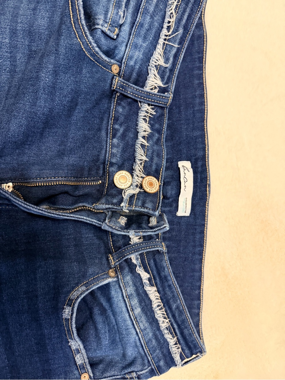 KanCan Dark Blue High-Rise Jeans with Frayed Waistband